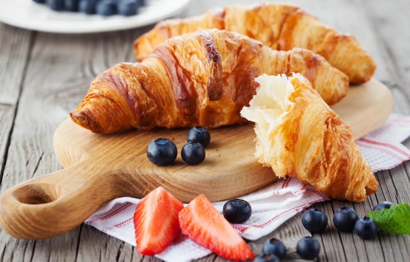 Photo wallpaper strawberry, cakes, blueberries, croissant