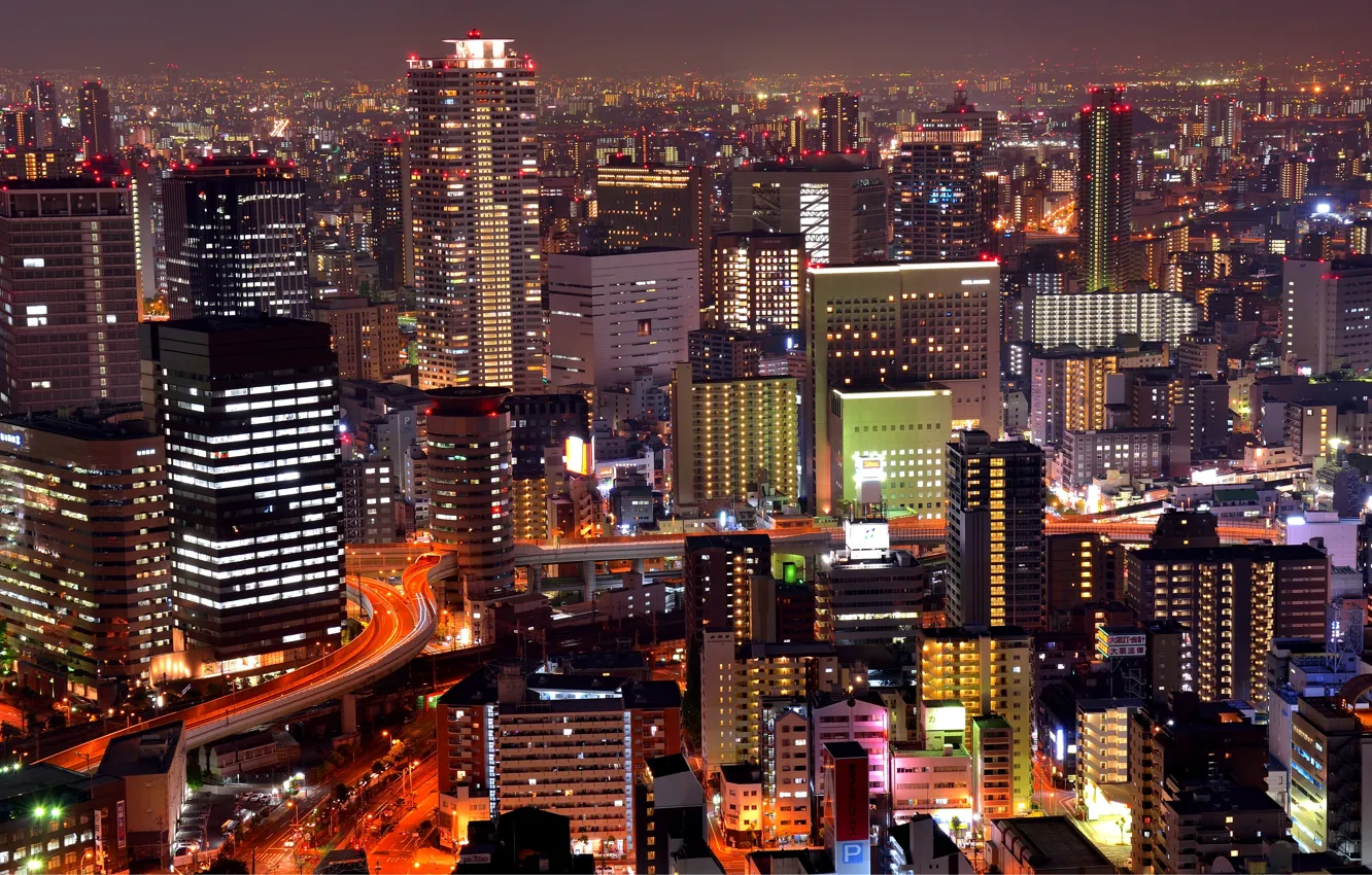 Photo wallpaper night, lights, home, Japan, megapolis, the view from the top, Osaka