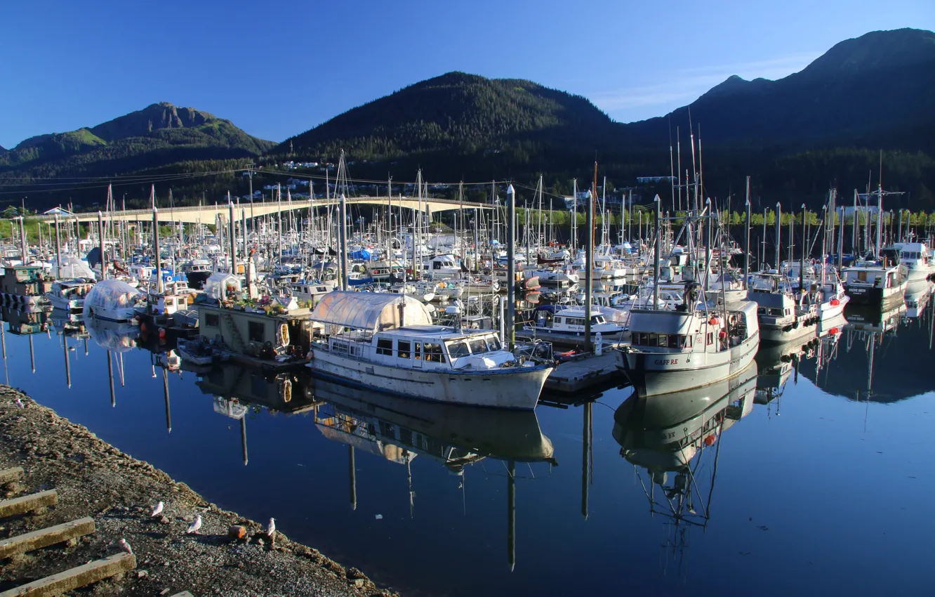 Photo wallpaper mountains, boat, yacht, Alaska, USA, harbour