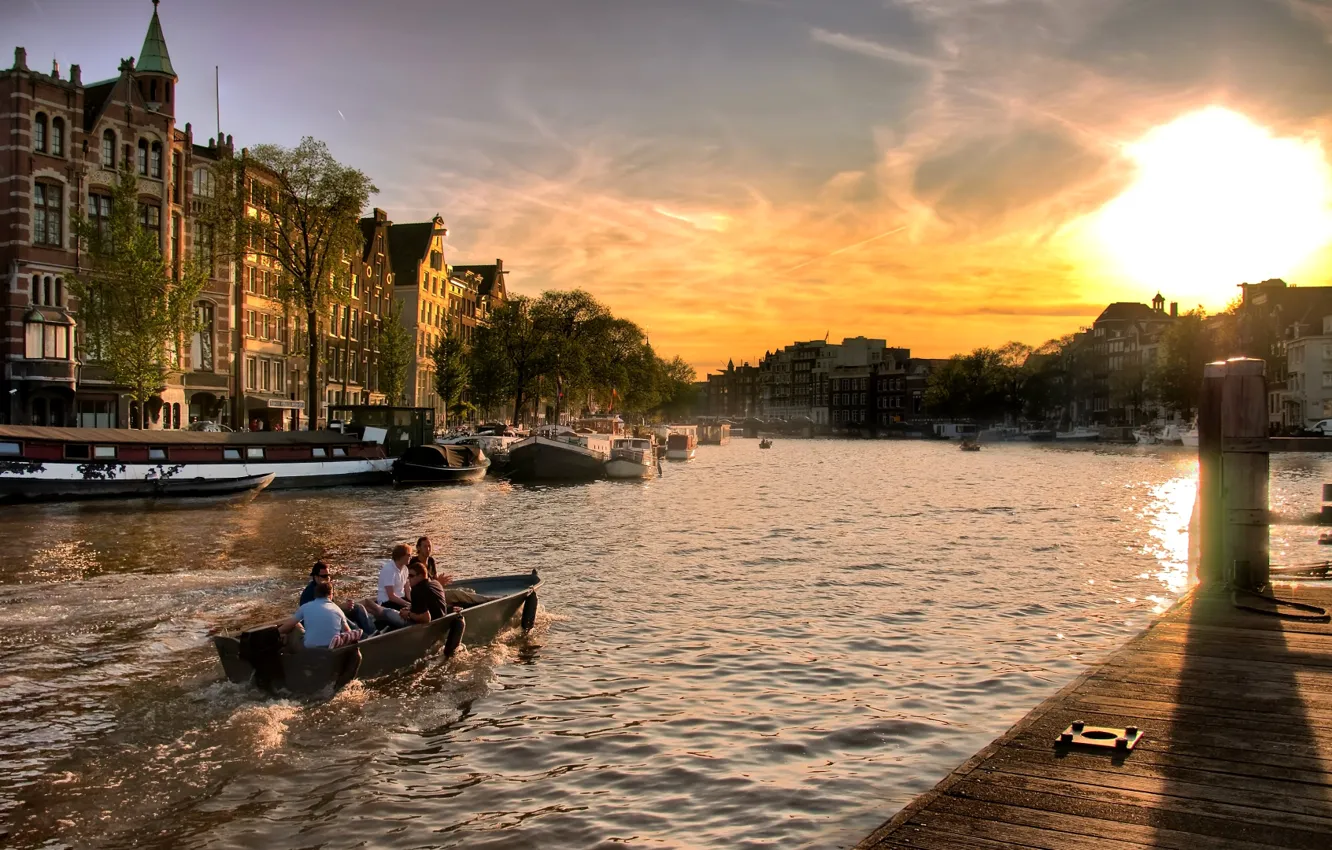 Photo wallpaper boat, people, home, Amsterdam, Netherlands, main channel