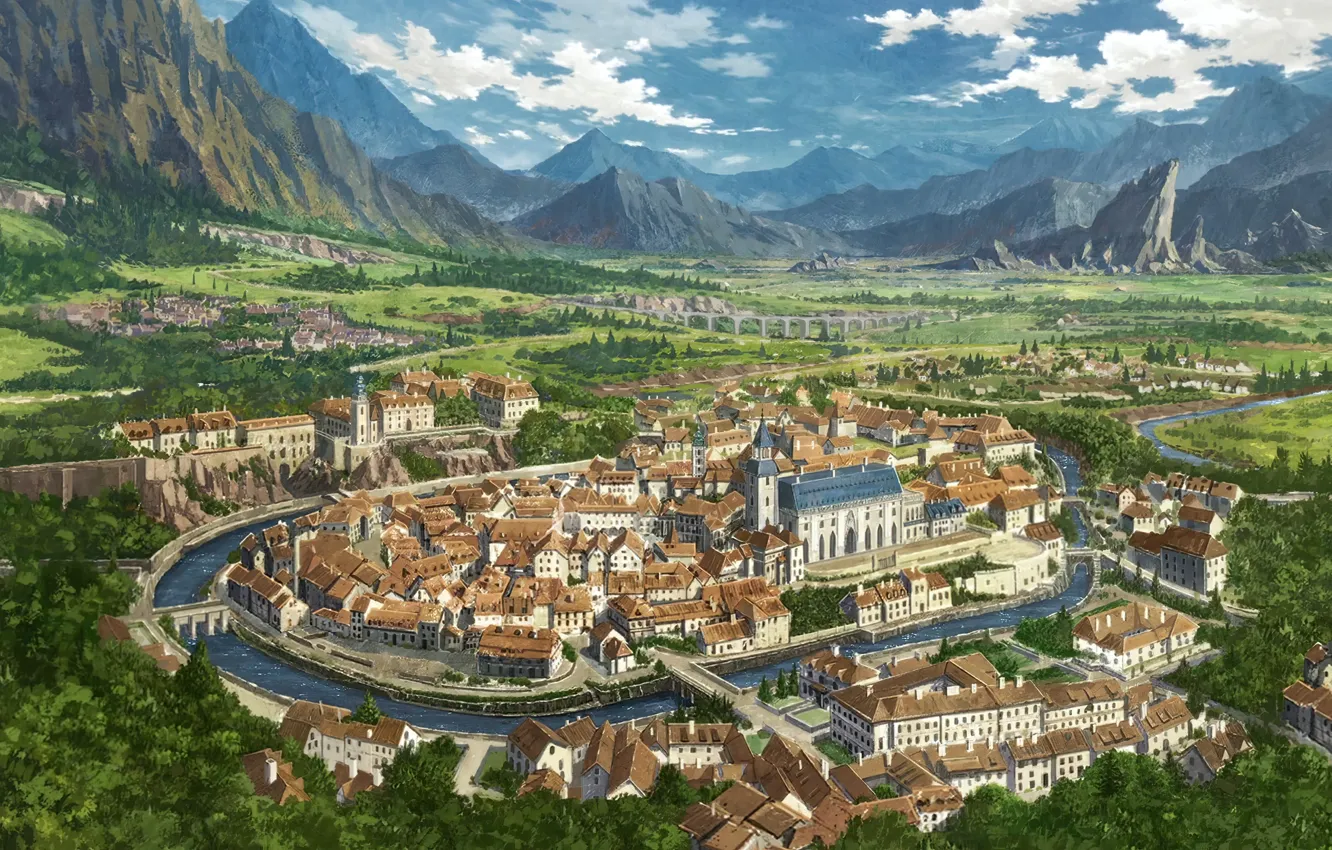 Photo wallpaper landscape, anime, art, city​​, Ragna Crimson, processed by AI