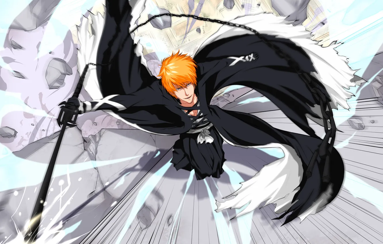 Photo wallpaper look, smile, sword, chain, guy, Bleach, Bleach, Kurosaki Ichigo