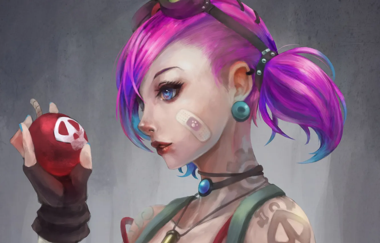 Photo wallpaper girl, balls, art, glasses, tattoo, the patch, League of Legends, monori rogue