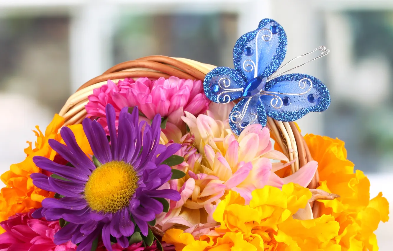 Photo wallpaper flowers, butterfly, basket, bouquet, petals
