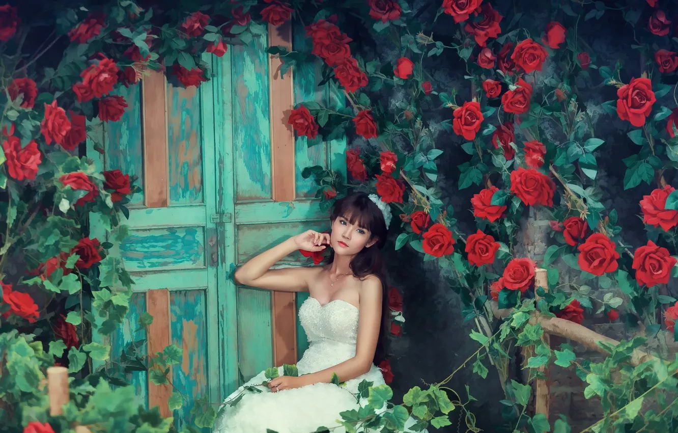 Photo wallpaper girl, flowers, Asian