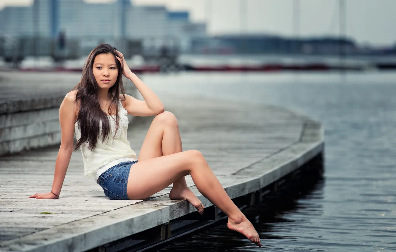 Photo wallpaper girl, river, Asian