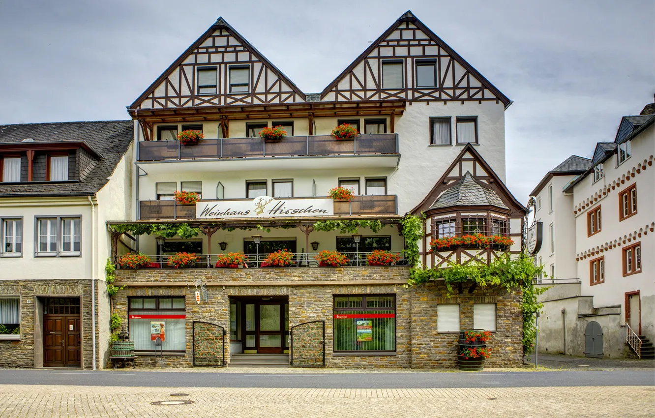 Photo wallpaper road, flowers, design, street, home, Germany, balcony, Bruttig-Fankel