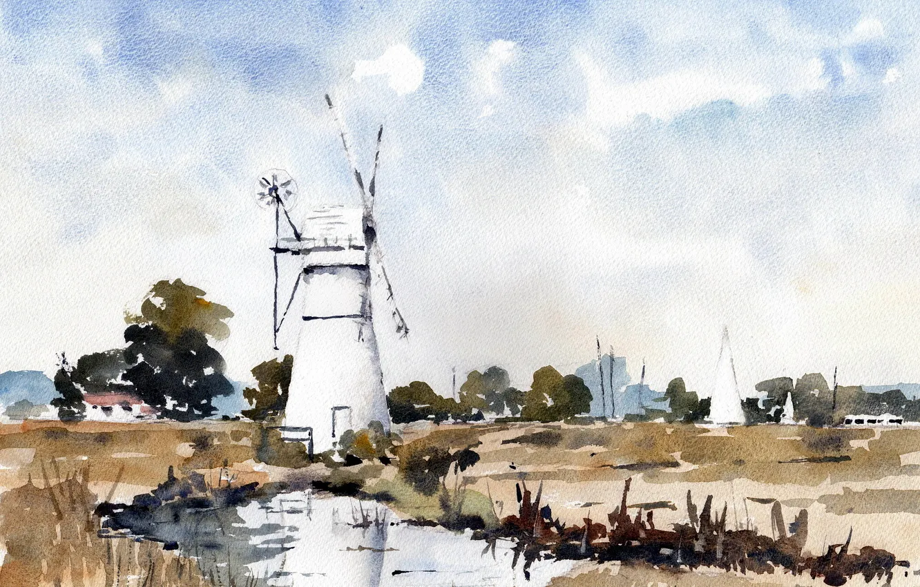 Photo wallpaper landscape, picture, mill