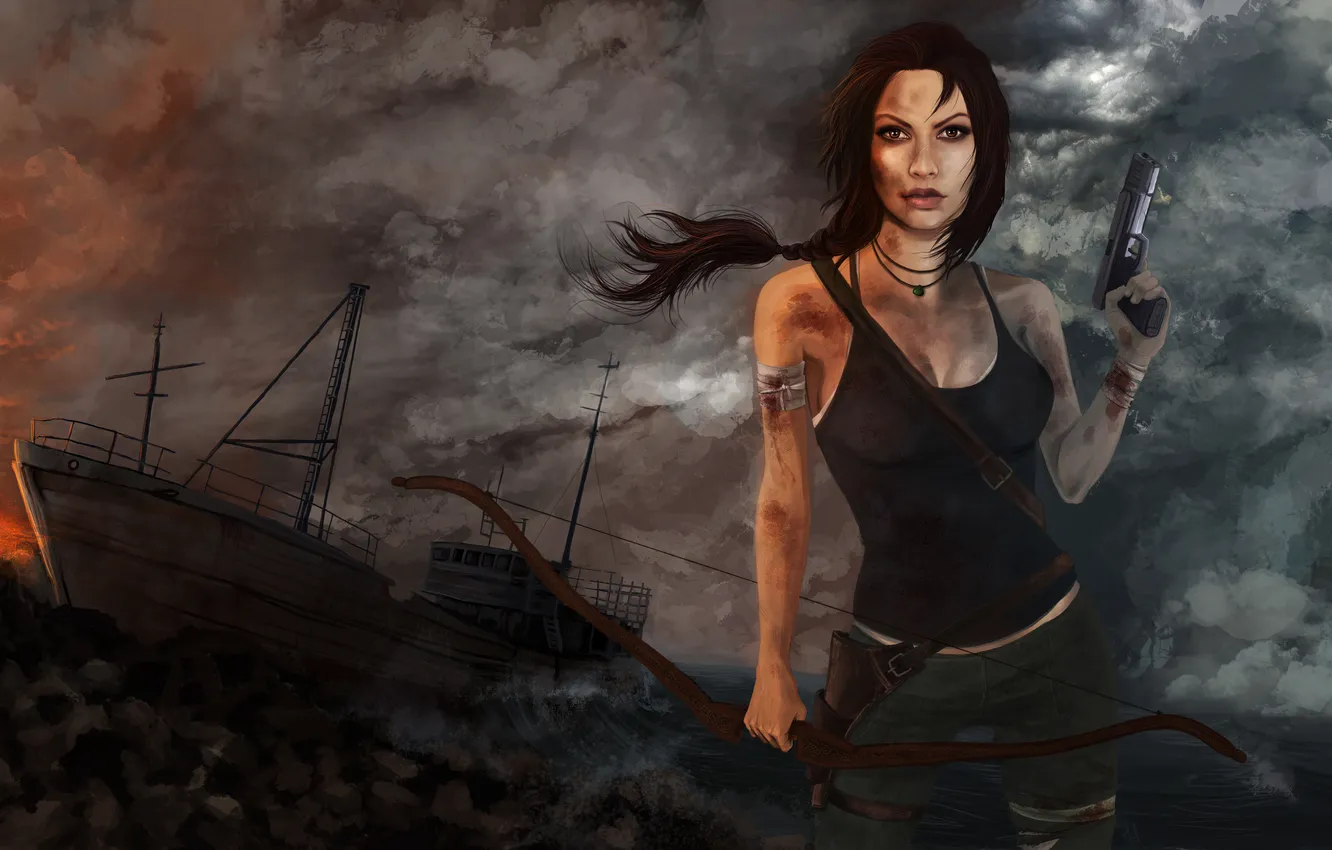Photo wallpaper girl, gun, ship, meadow, Tomb Raider, Croft, Lara