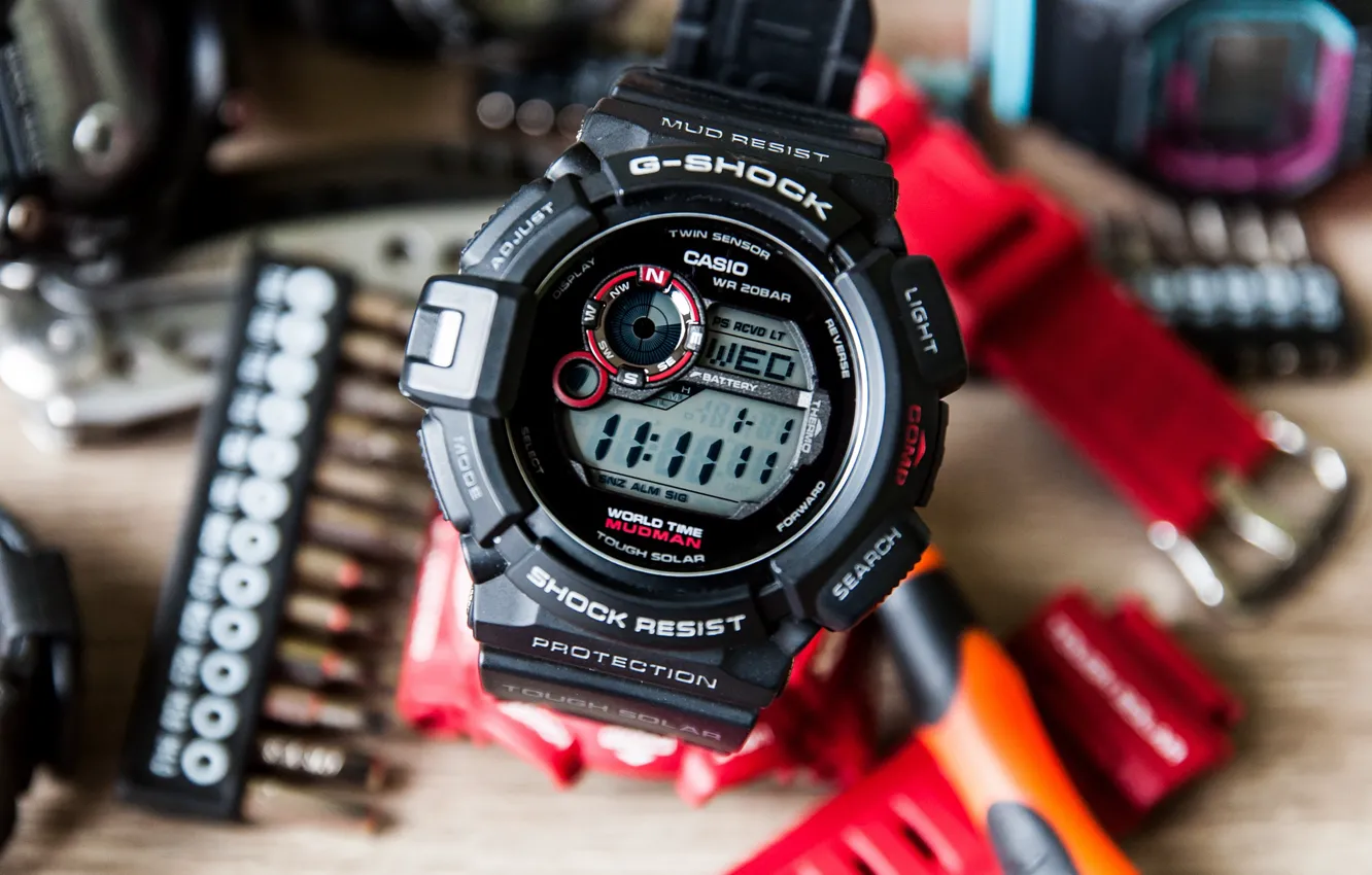 Photo wallpaper black, digital, watch, 200, Casio, Wather, mud, Mudman