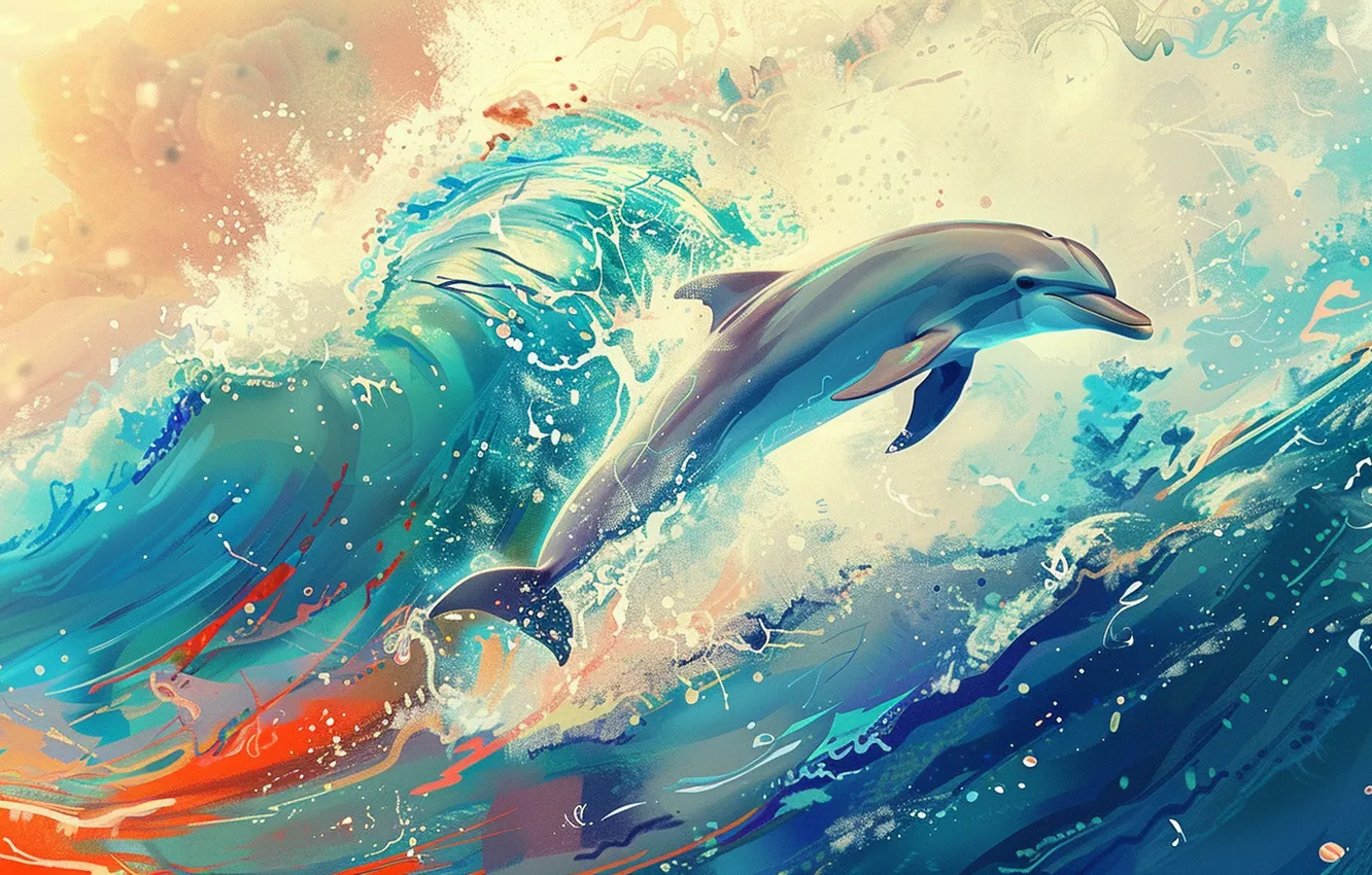 Photo wallpaper sea, wave, jump, dolphins, digital art, AI art, The Art of Artificial Intelligence, neural network