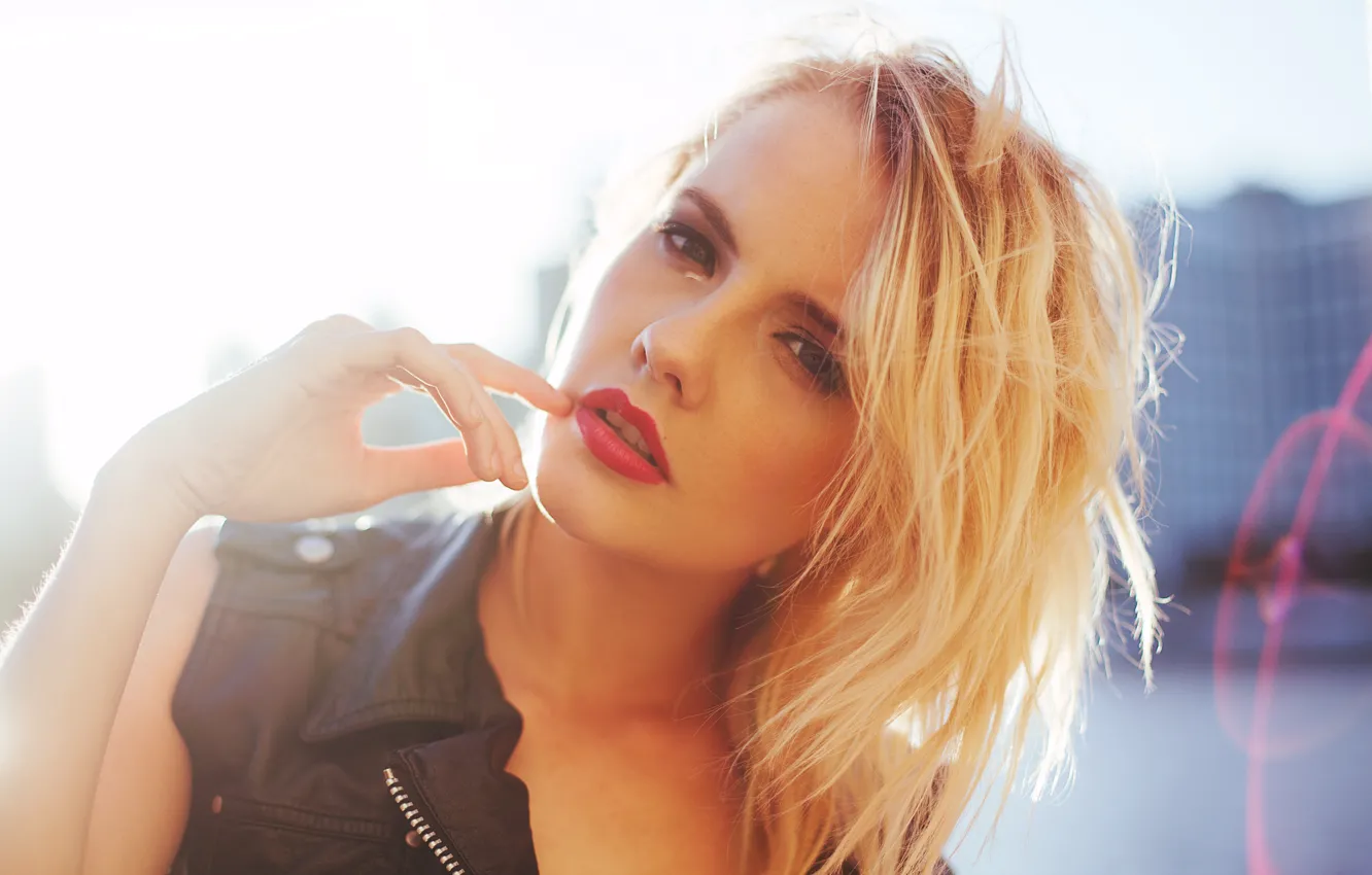 Photo wallpaper look, girl, jacket, blonde, bokeh