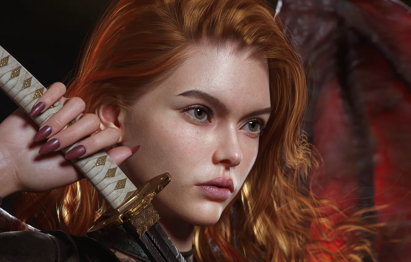 Photo wallpaper girl, graphics, katana, red, The Author Of The Work Is A