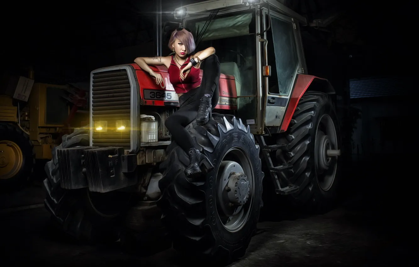 Photo wallpaper girl, background, tractor
