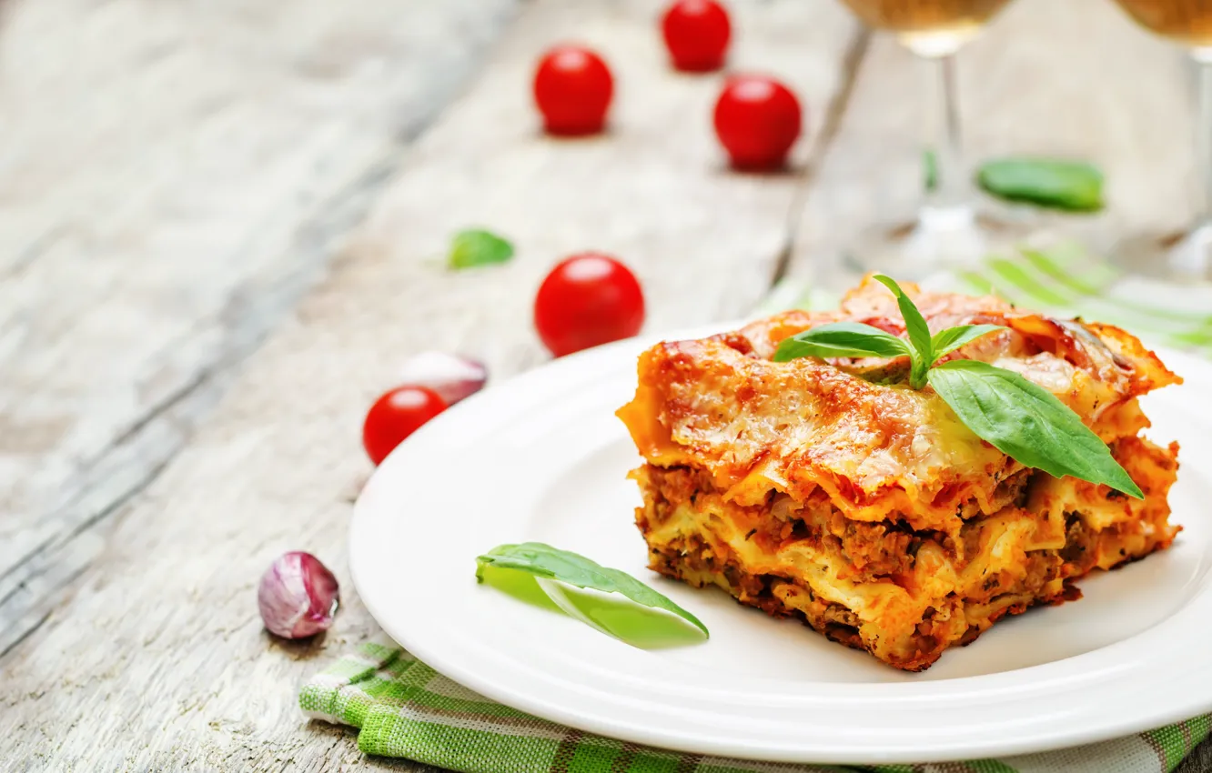 Photo wallpaper food, plate, garlic, filling, Basil, lasagna, tomatoes-cherry
