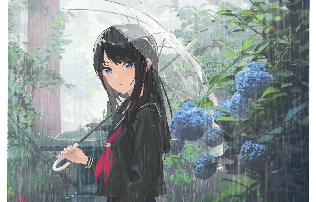 Photo wallpaper girl, rain, hydrangea, Hiori Kazano, The iDOLM@STER Shiny Colors