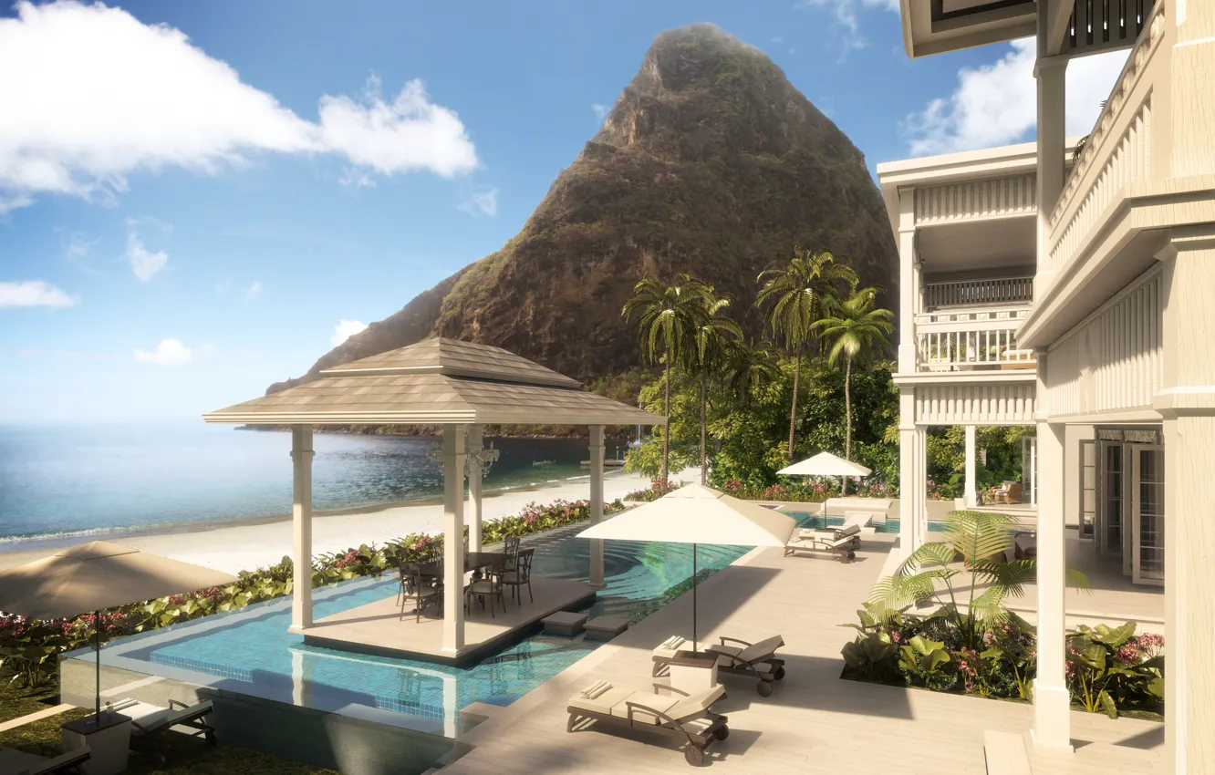 Photo wallpaper palm trees, the ocean, Villa, pool, architecture, resort, terrace, Caribbean