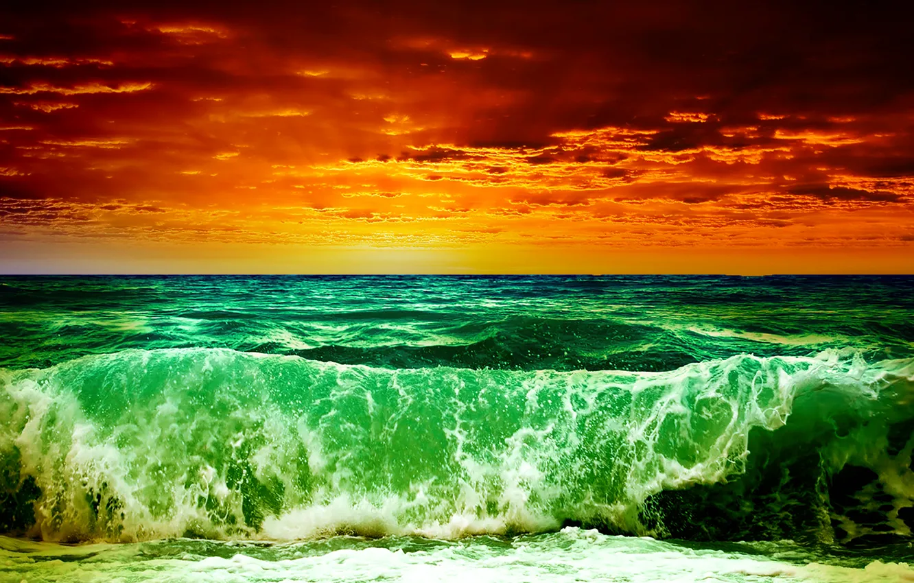 Photo wallpaper sea, wave, the sky, clouds, sunset, storm, rendering, treatment