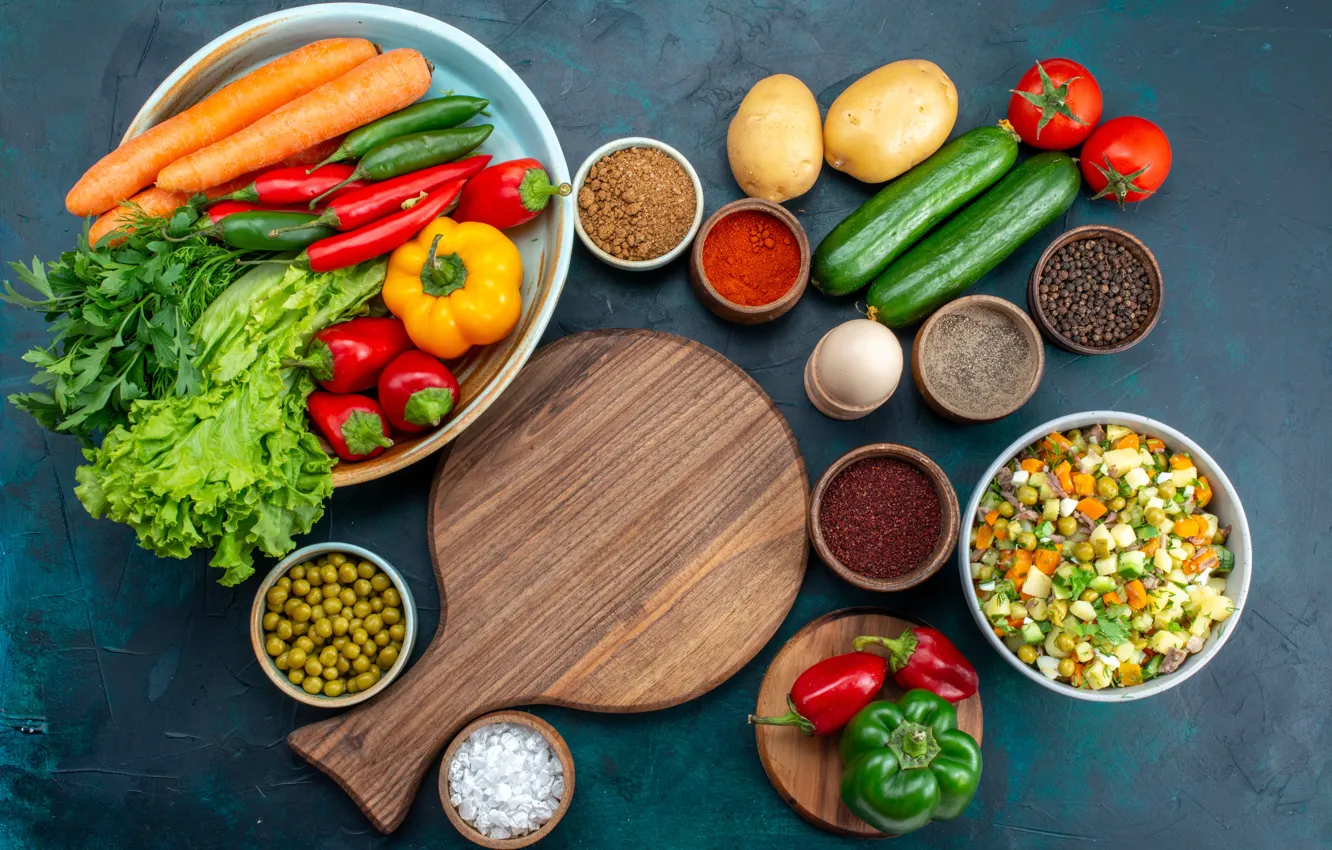 Photo wallpaper bowl, eggs, pepper, Bank, vegetables, salad, greens, blue background