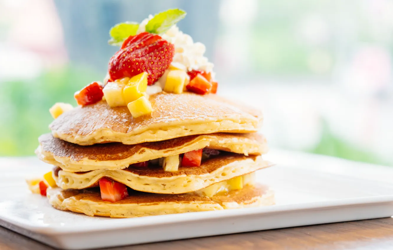 Photo wallpaper pancake, strawberry, pancakes, Klubnika, berries, pancakes