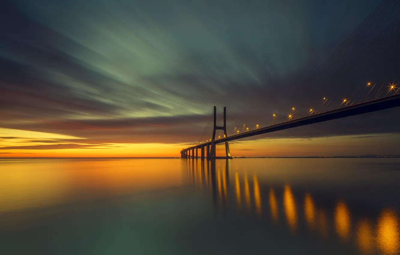 Photo wallpaper light, bridge, lights, Strait, Portugal, tide