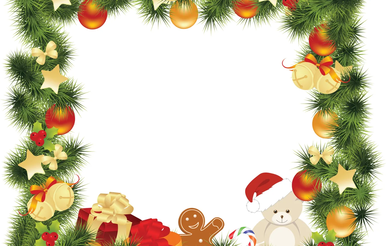 Photo wallpaper balls, decoration, branches, new year, frame, needles