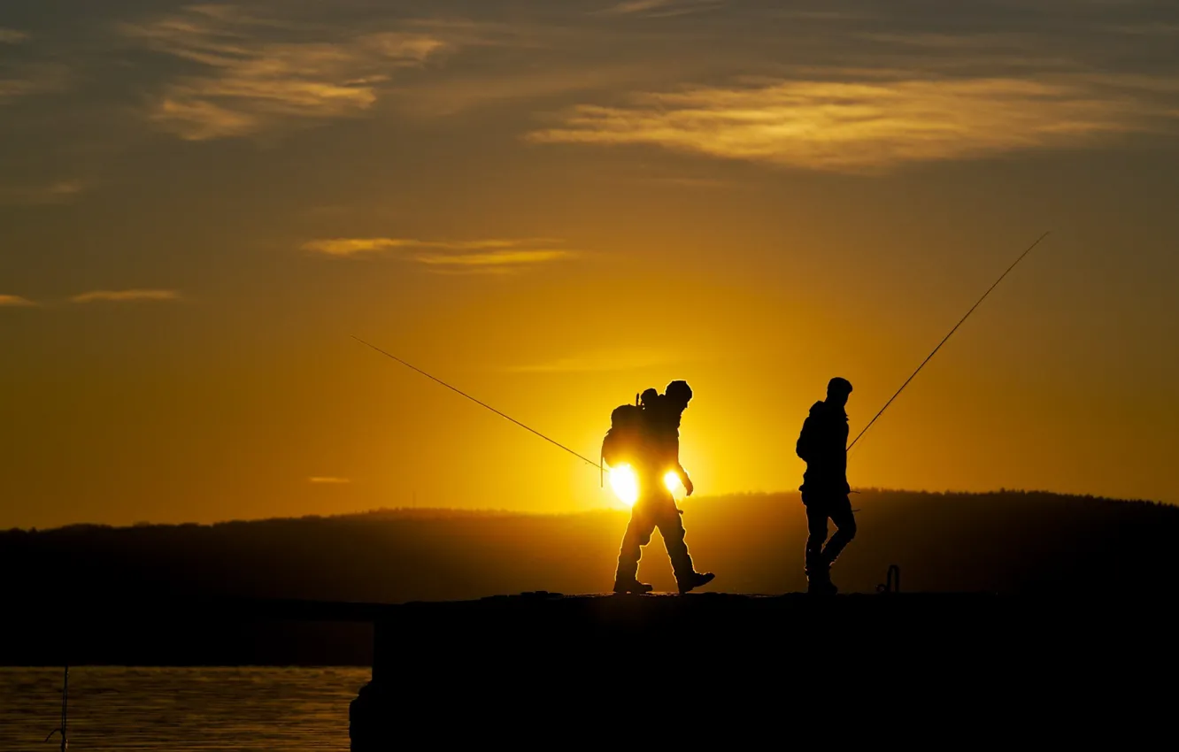 Photo wallpaper sunset, fishing, fishermen, backpack, spinning