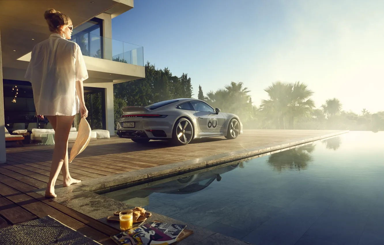 Photo wallpaper palm trees, stay, relax, pool, sports car, Porshe, mansion, blue sky