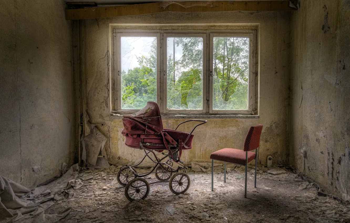 Photo wallpaper window, chair, stroller