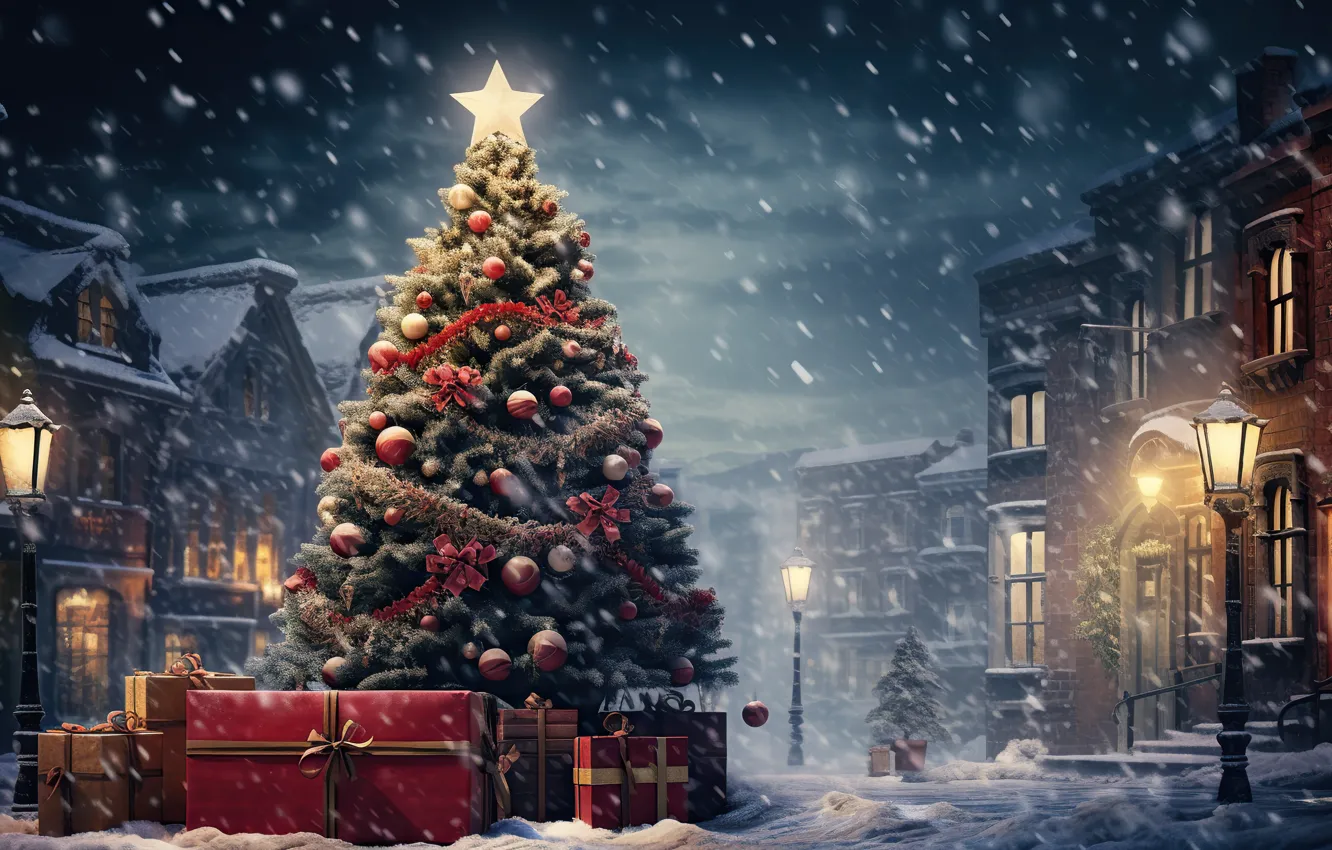 Photo wallpaper winter, snow, decoration, night, the city, lights, street, tree