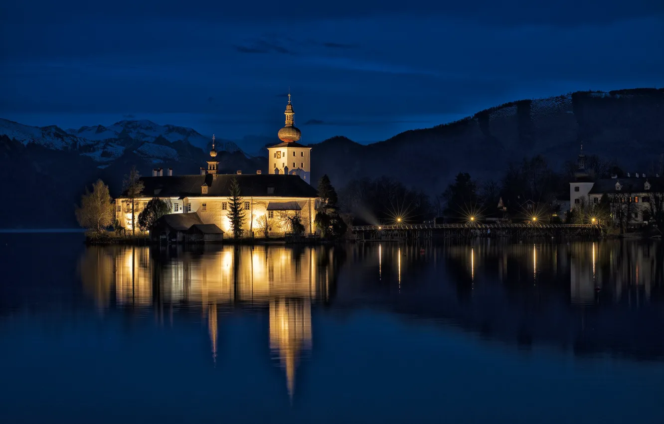 Photo wallpaper castle, the evening, Austria, backlight, Gmunden