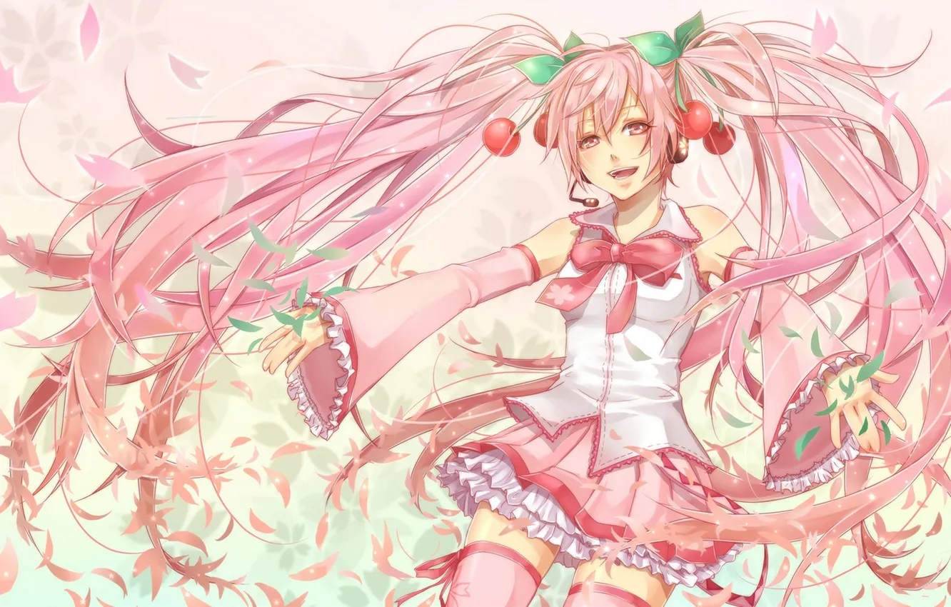 Photo wallpaper leaves, girl, petals, art, microphone, cherry, vocaloid, Vocaloid