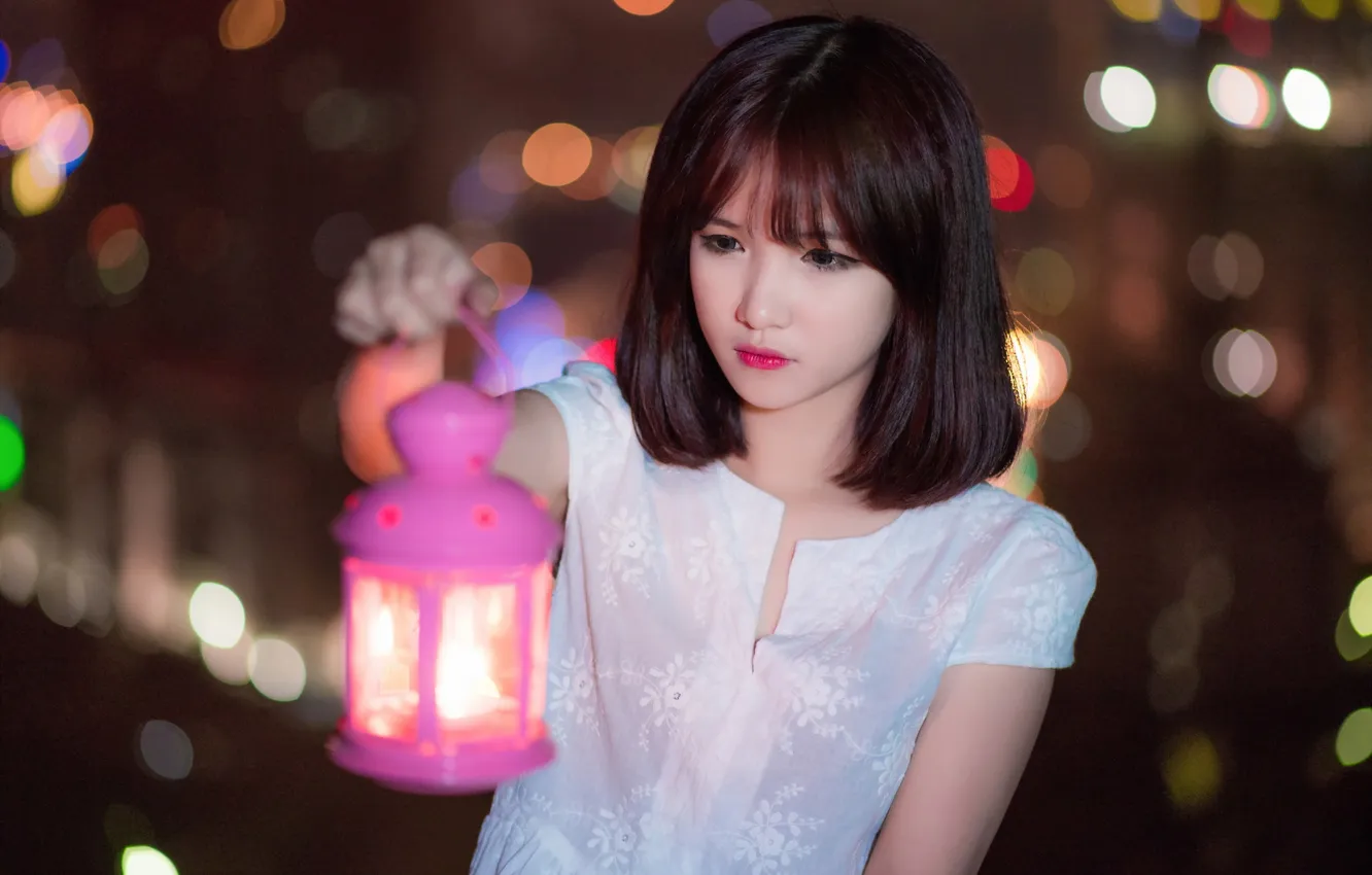 Photo wallpaper girl, background, lamp