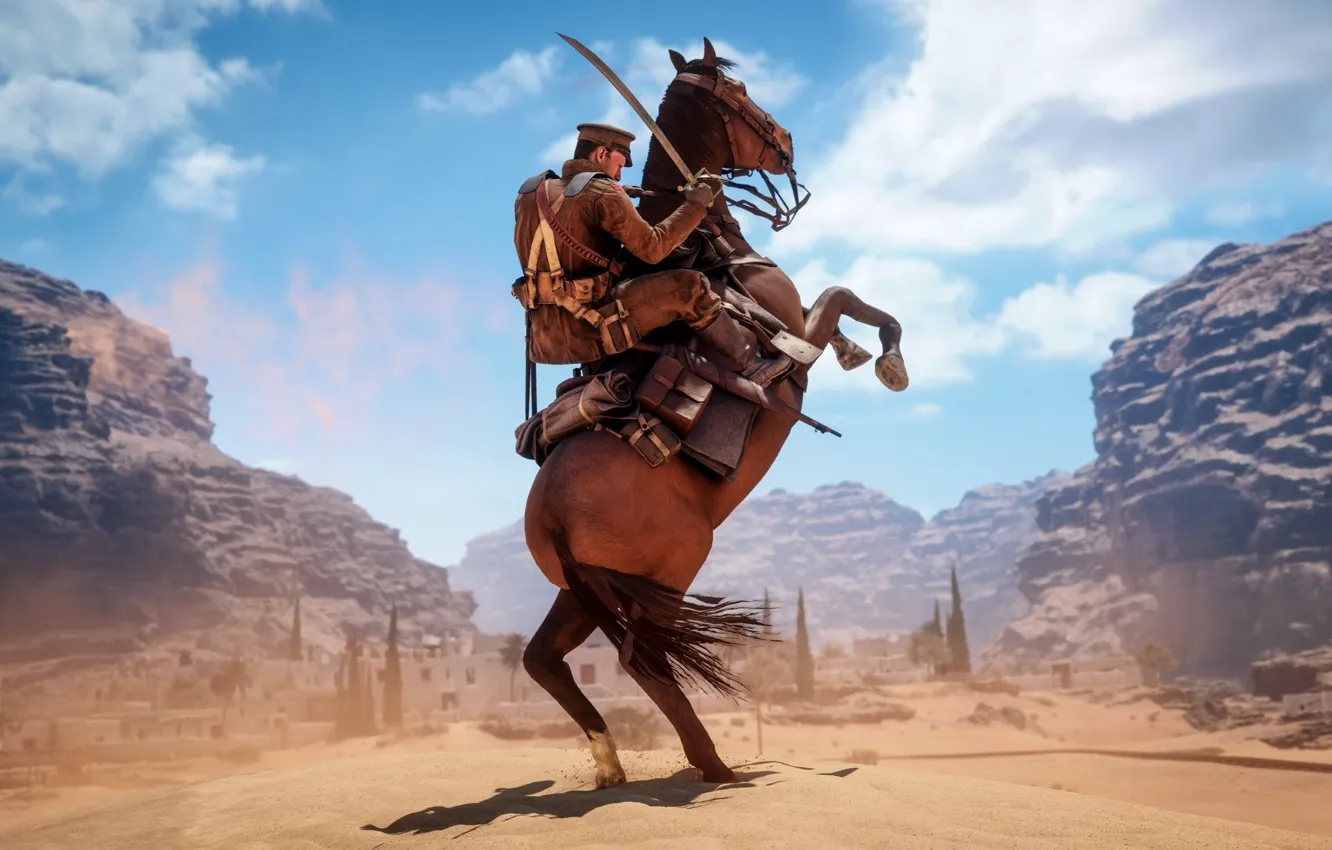 Photo wallpaper battlefield, sword, gun, game, soldier, sky, desert, weapon