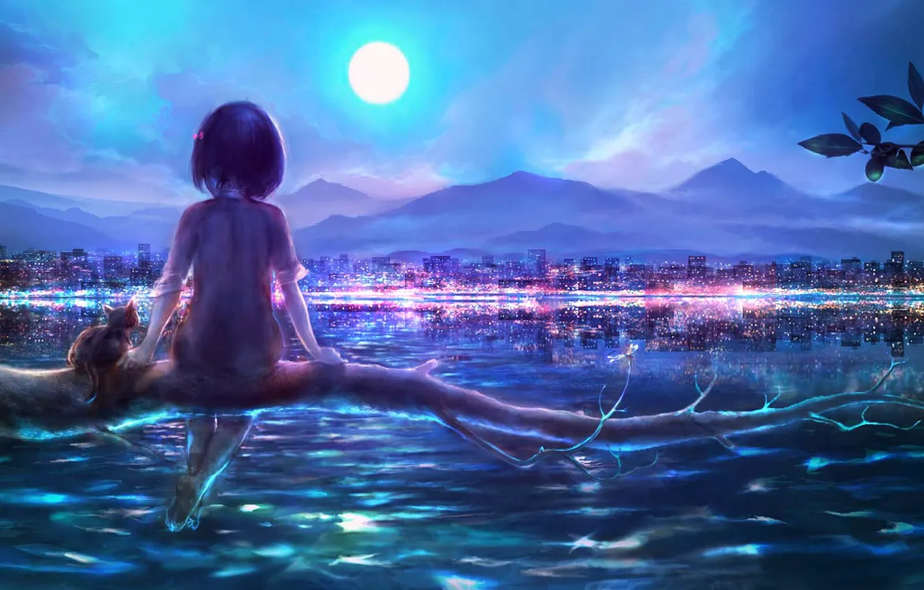 Photo wallpaper water, night, the city, kitty, branch, girl, by 00
