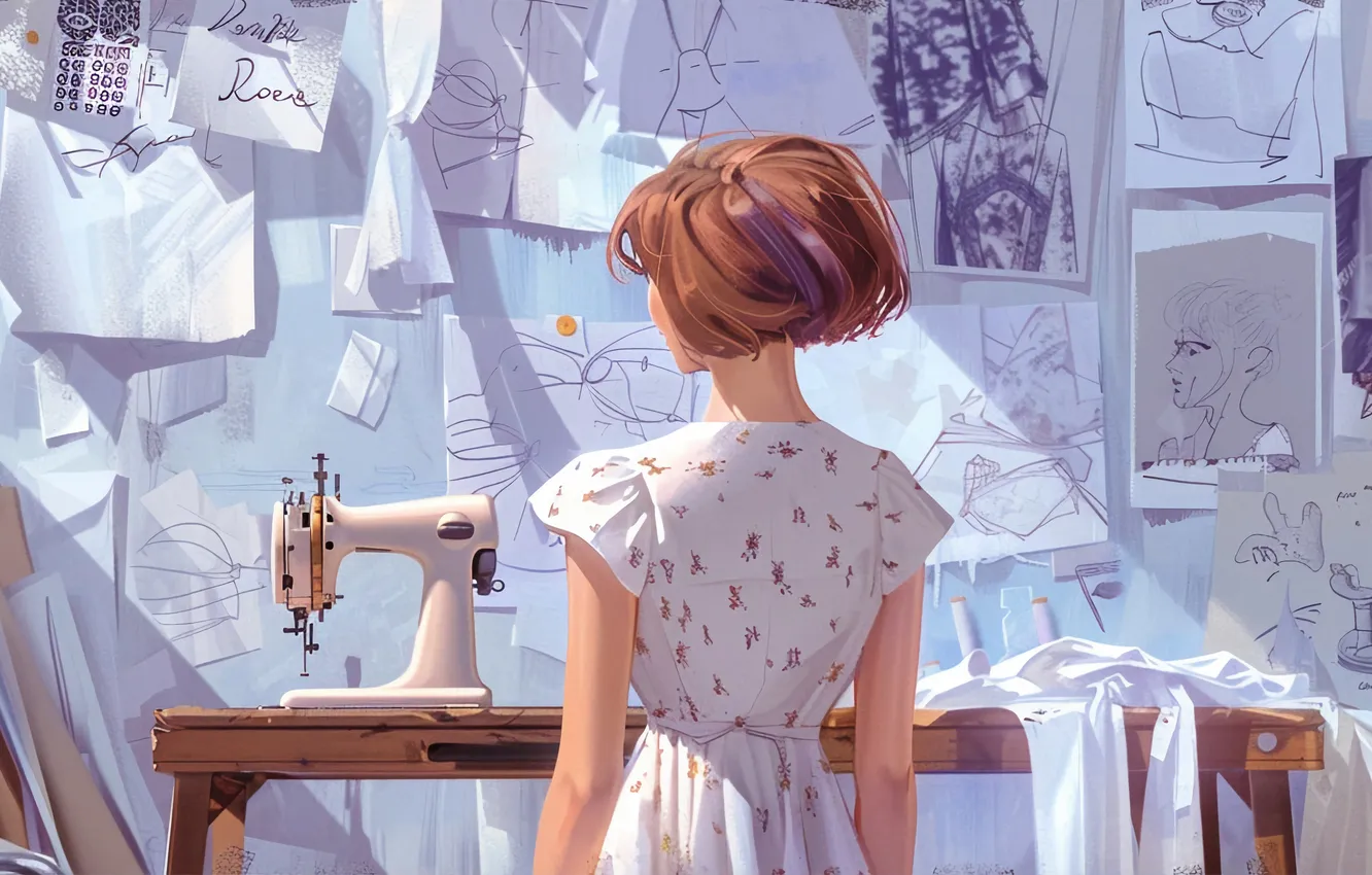 Photo wallpaper Girl, Hair, Sewing machine, Digital art, Back, Designer, AI art, The Art of Artificial Intelligence