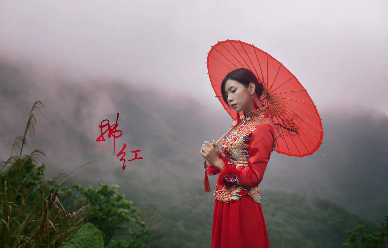 Photo wallpaper nature, umbrella, Asian, bokeh, the girl in the red, effectively