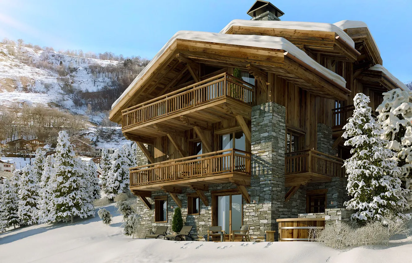 Photo wallpaper winter, snow, home, the foothills