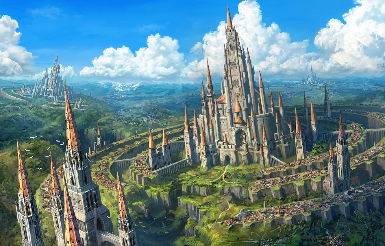 Photo wallpaper clouds, castle, bird, fantasy, art, art