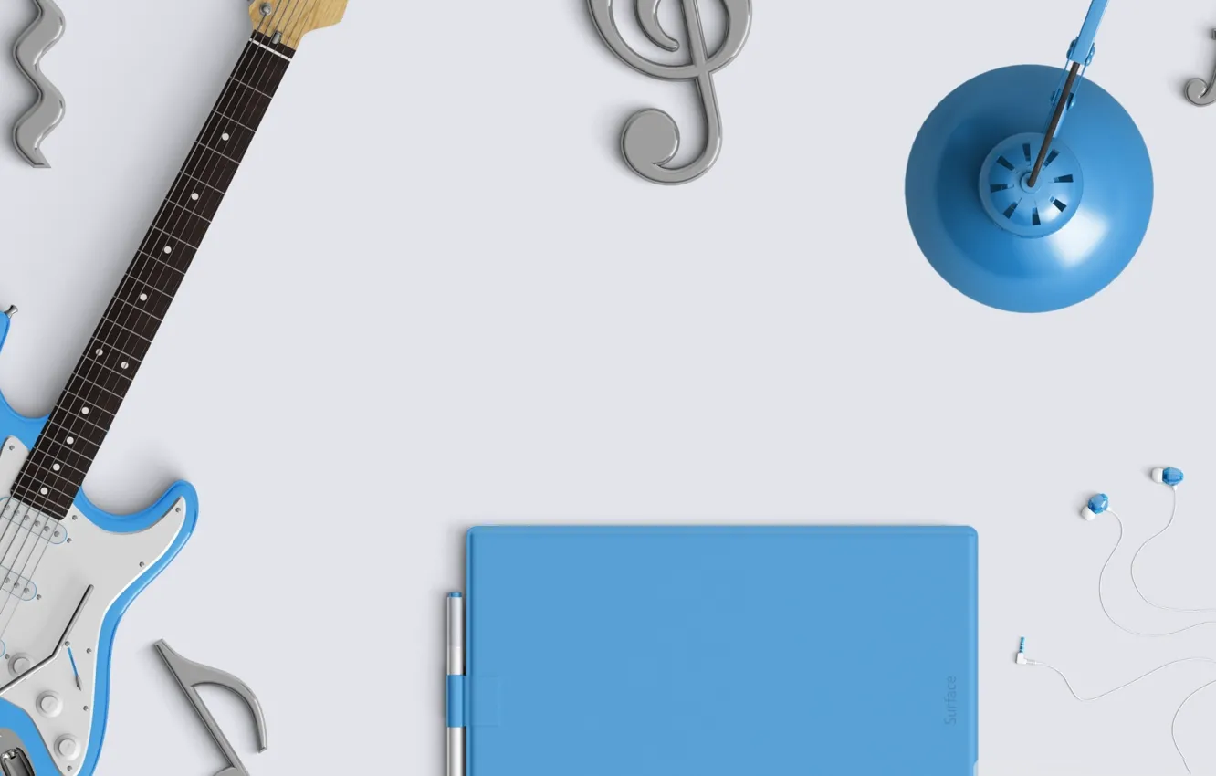 Photo wallpaper notes, table, lamp, guitar, headphones, treble clef