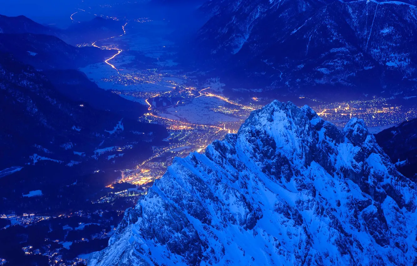 Photo wallpaper winter, mountains, lights, Germany, valley, Bayern, Garmisch-Partenkirchen