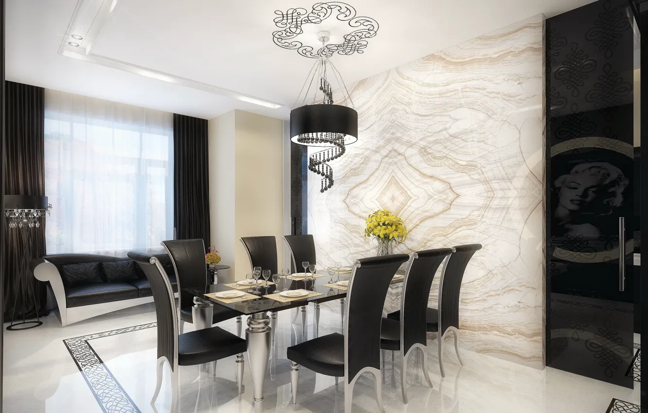 Photo wallpaper design, table, room, sofa, interior, window, chair, chandelier