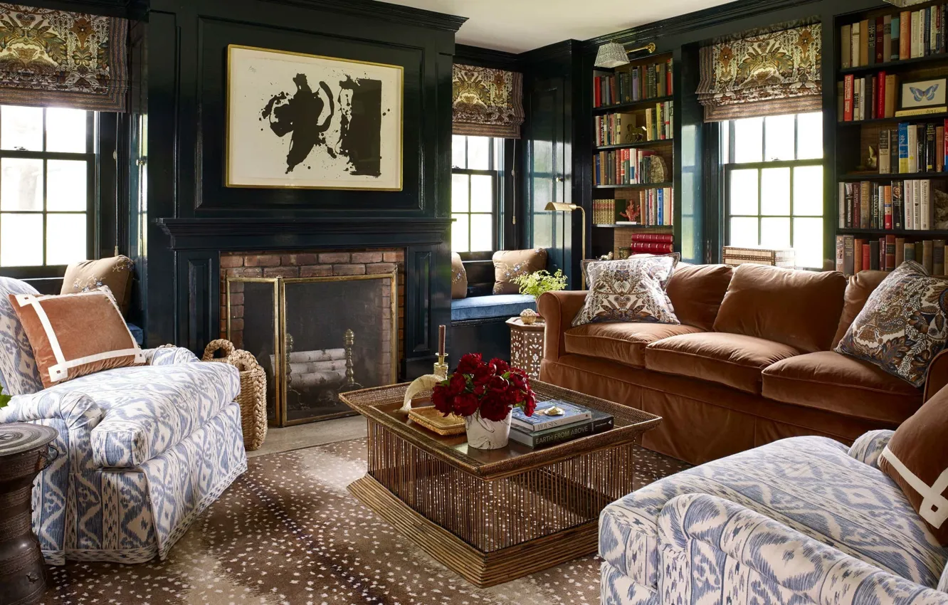 Photo wallpaper design, interior, fireplace, library, living room, English style, FLagnese A Whittaker Heaney Millbrook