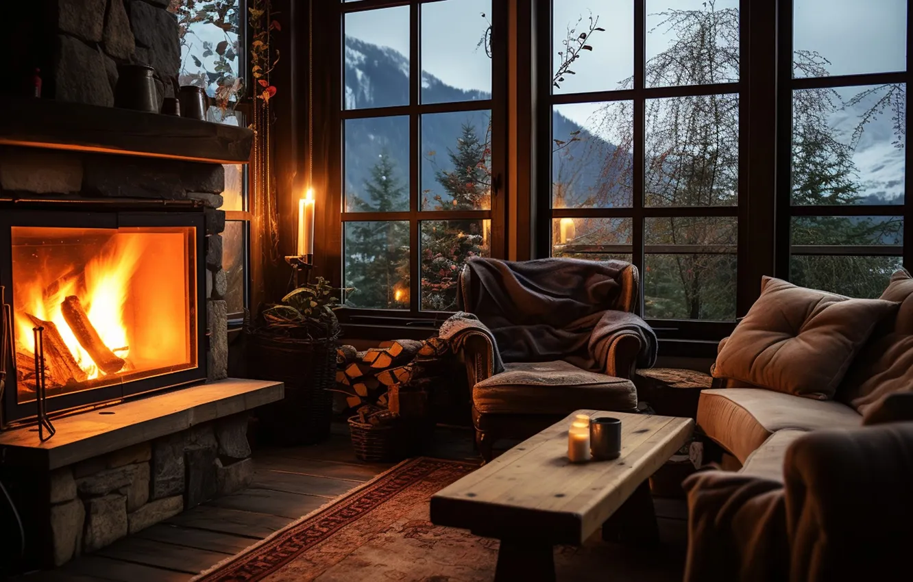 Photo wallpaper design, heat, room, sofa, interior, chair, candles, fireplace