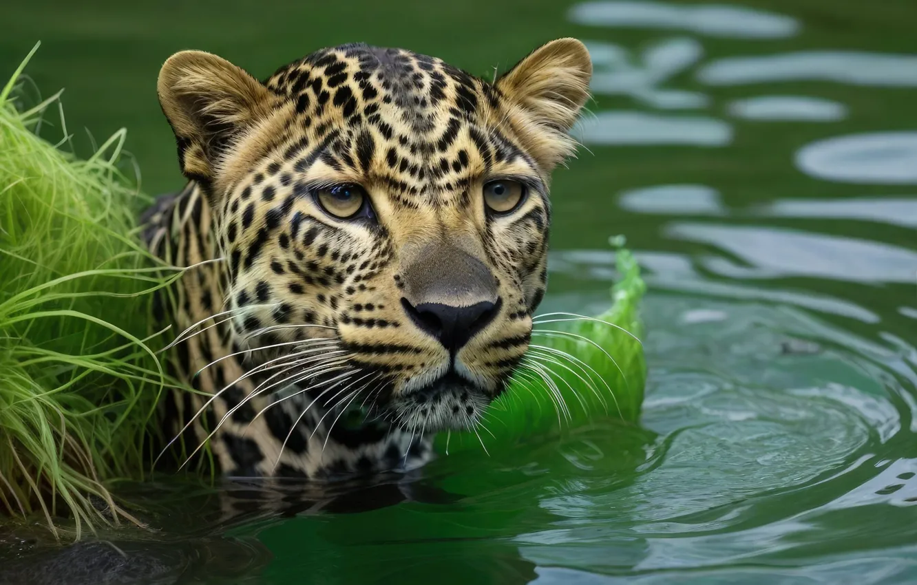 Photo wallpaper cat, grass, water, art