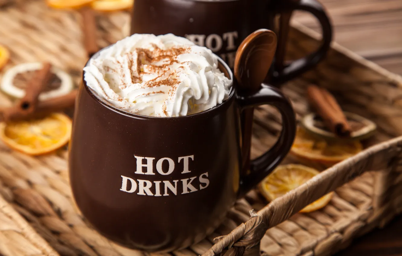 Photo wallpaper coffee, chocolate, cream, Cup, hot, cinnamon, cup, drink