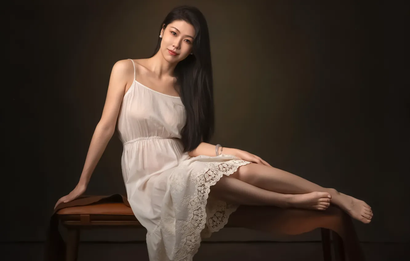 Photo wallpaper look, pose, background, model, portrait, makeup, dress, brunette