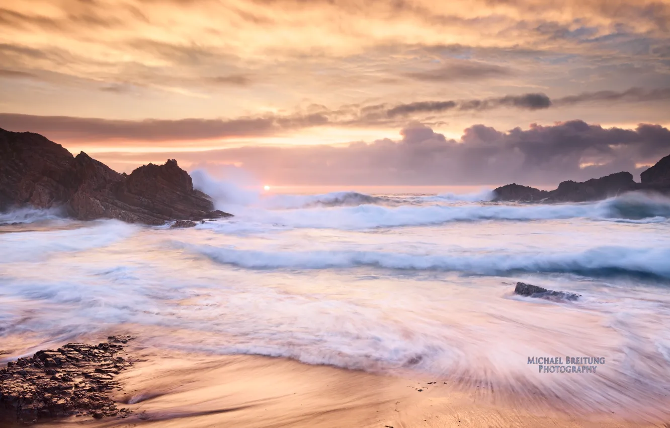 Photo wallpaper sea, wave, rocks, dawn, Ireland, Michael Breitung