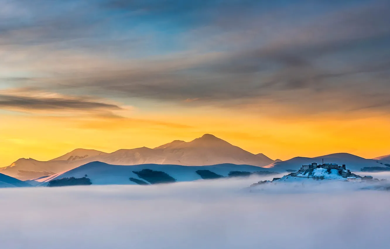 Photo wallpaper the sky, clouds, snow, mountains, dawn, home, morning, the village