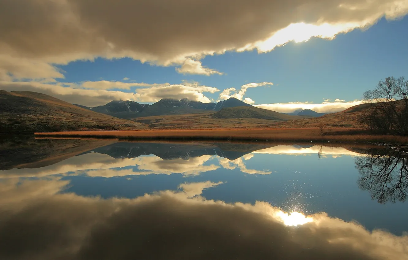 Photo wallpaper the sky, clouds, mountains, surface, reflection, Hedmark County, Norway, NORWEY